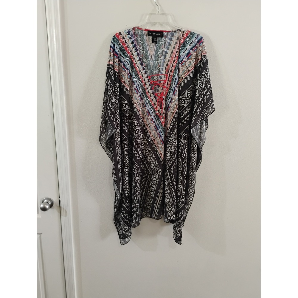 Colleen Lopez Geometric Tribal Print Lace Up Kaftan Swim Cover Up One Size